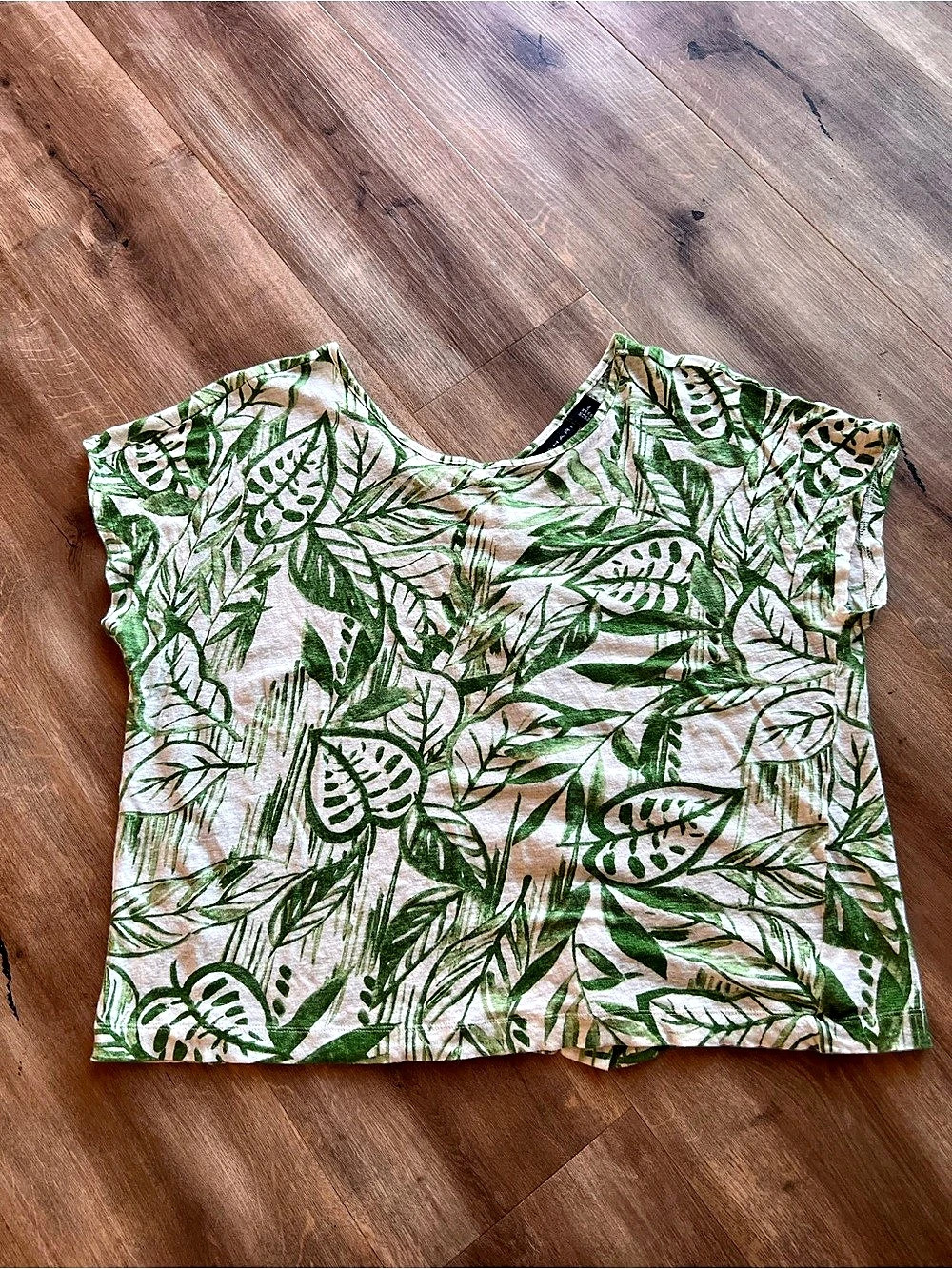 Tahari Size XL Green Floral Botanical 100% Linen Cropped Blouse